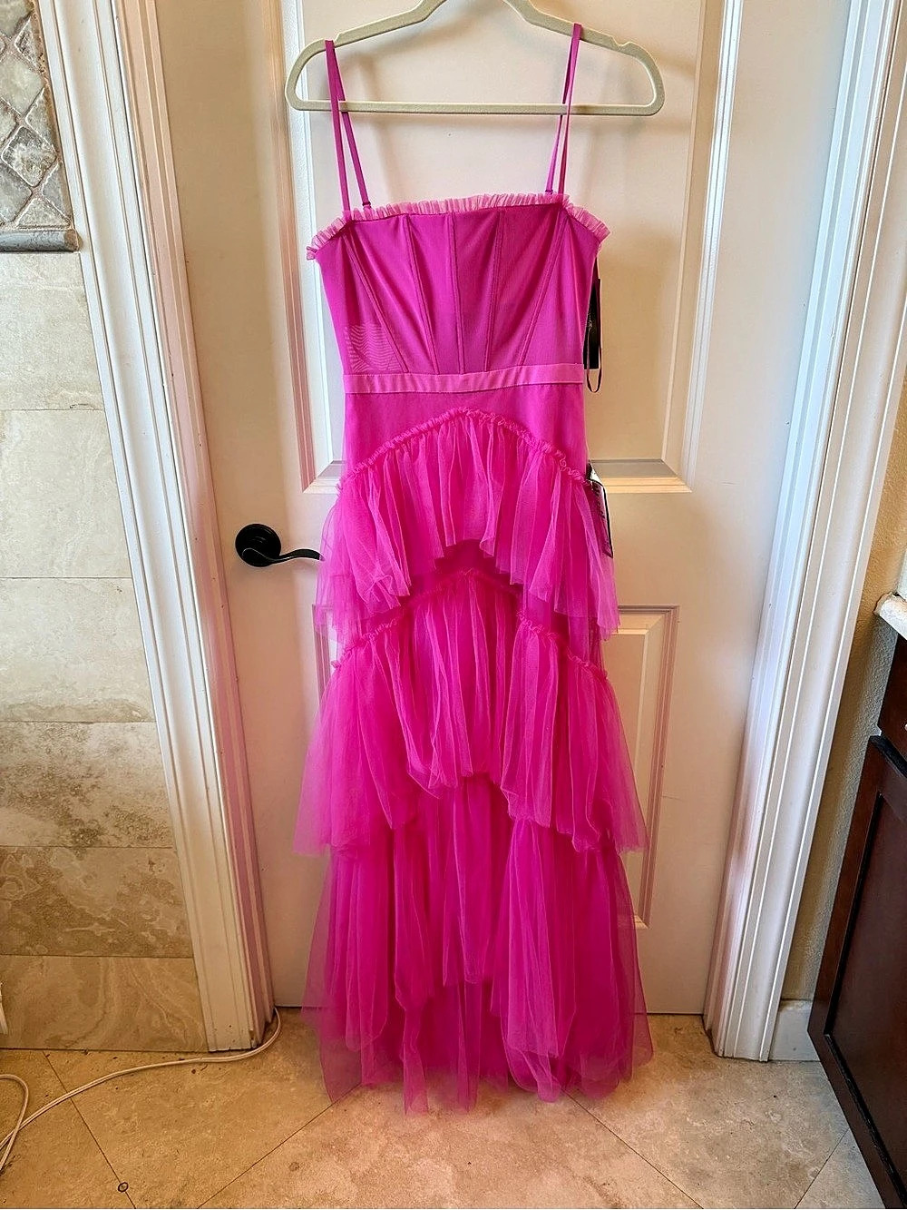 Betsy & Adam Tiered Tulle Ruffle Corset Gown Pink Size 2